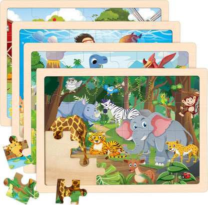 Wooden Animals Puzzles for Kids Age 3 4 5 Year Old, 4 Pack 24 Pcs Montessori Toddler Jigsaw Puzzles