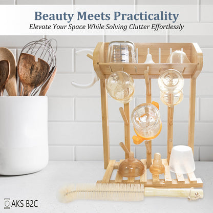 AKS B2C Bamboo Baby Bottle Drying Rack, Vertical Space Saving Kitchen Organizer, 9 Bottle Capacity