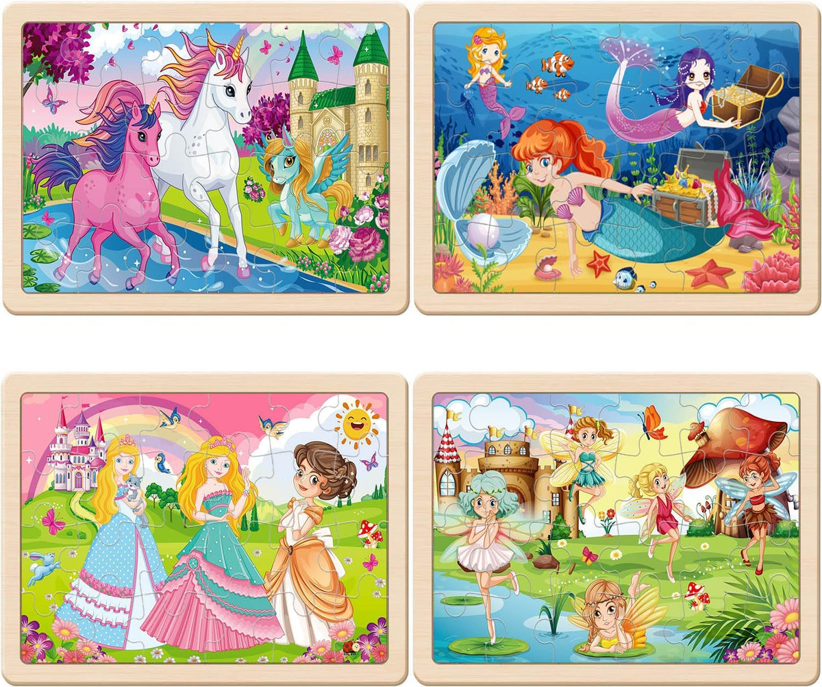 Wooden Puzzles for Kids Ages 4-6, 4 Packs 24 PCs Unicorn Mermaid Princess Fairy Jigsaw Puzzles