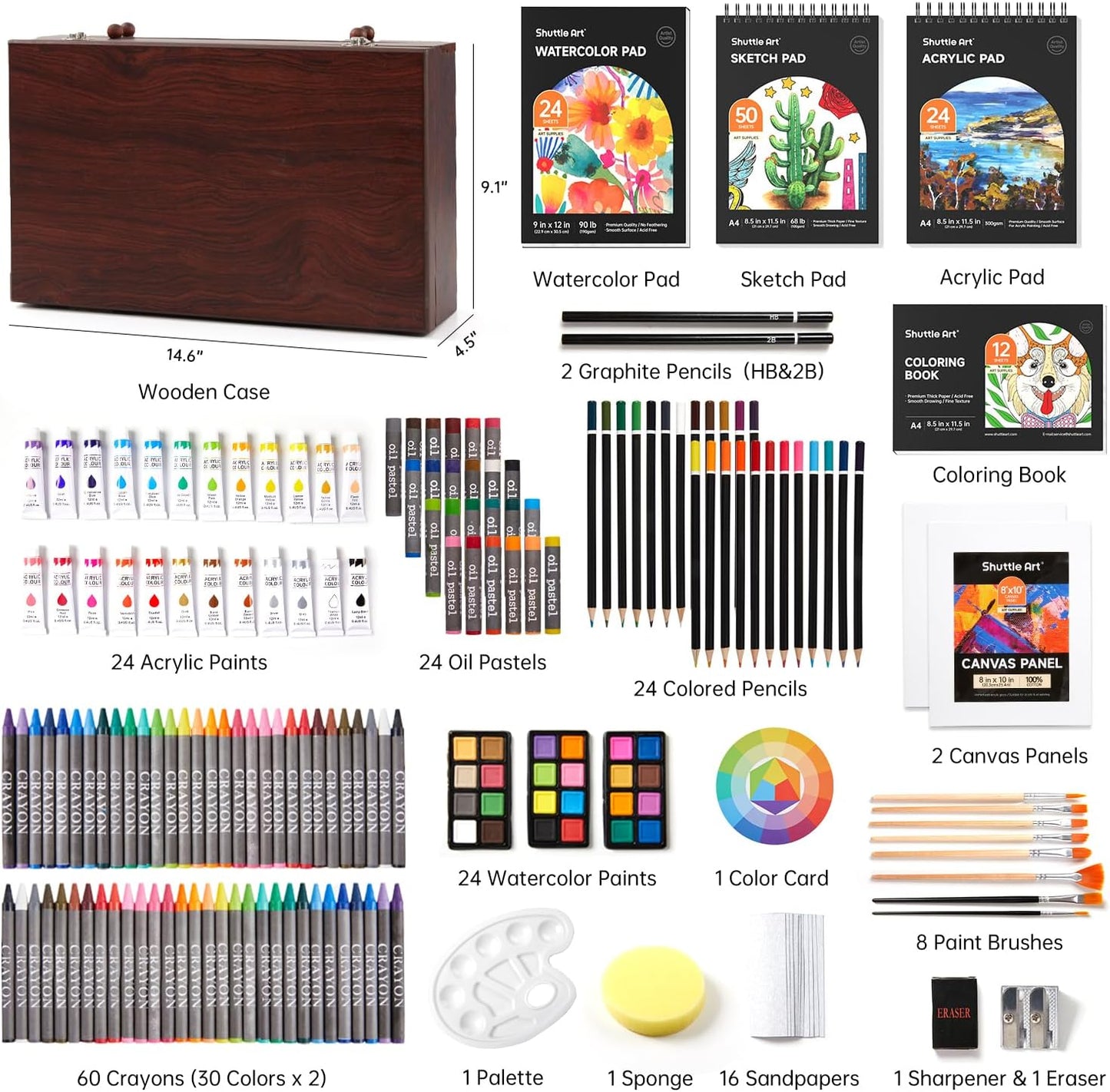 Shuttle Art Deluxe Gift Art Kit, 202-Piece Wooden Art Supplies Set with 4 Drawing Pads, Canvases