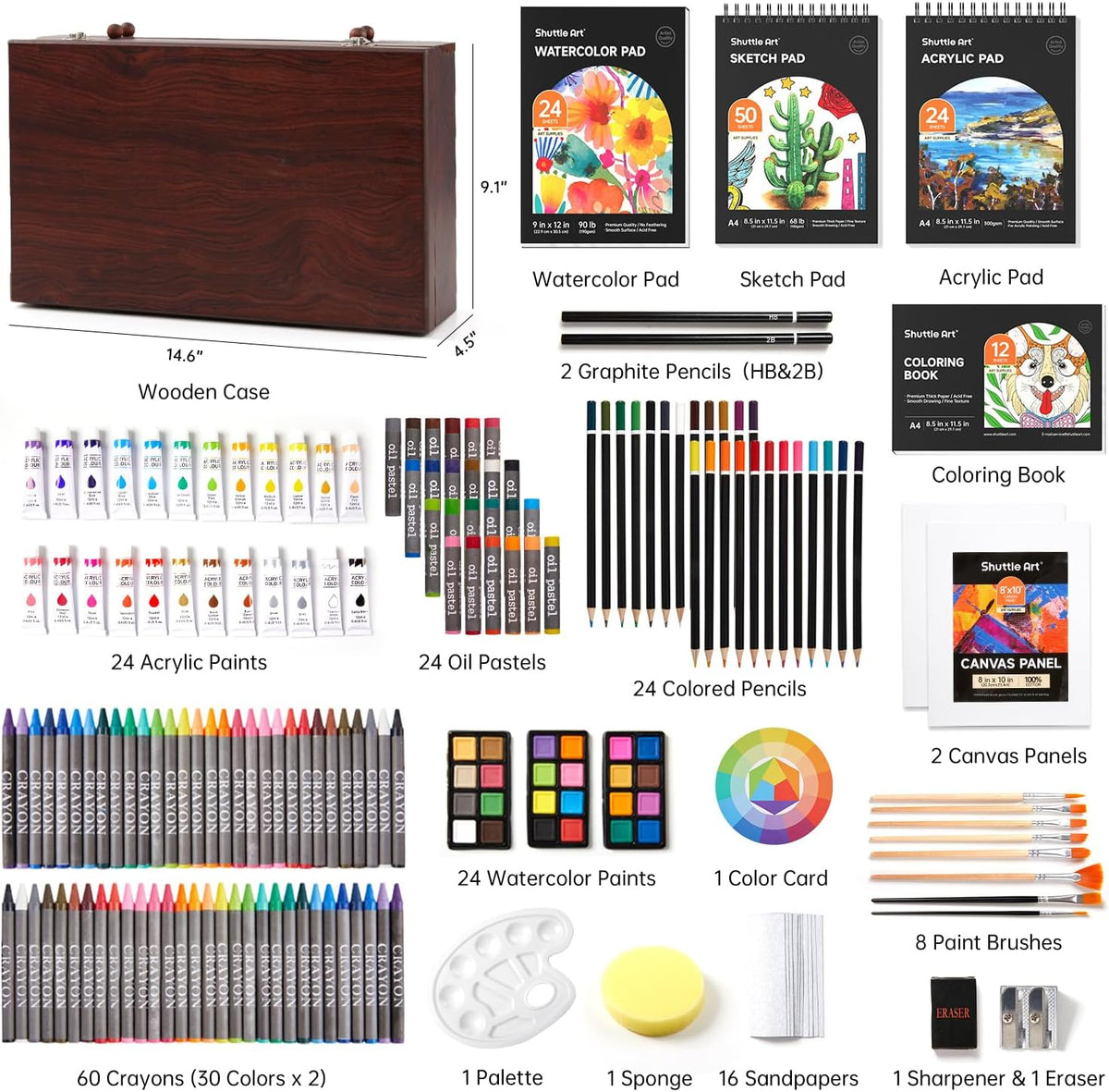 Shuttle Art Deluxe Gift Art Kit, 202-Piece Wooden Art Supplies Set with 4 Drawing Pads, Canvases