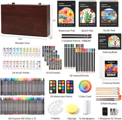 Shuttle Art Deluxe Gift Art Kit, 202-Piece Wooden Art Supplies Set with 4 Drawing Pads, Canvases