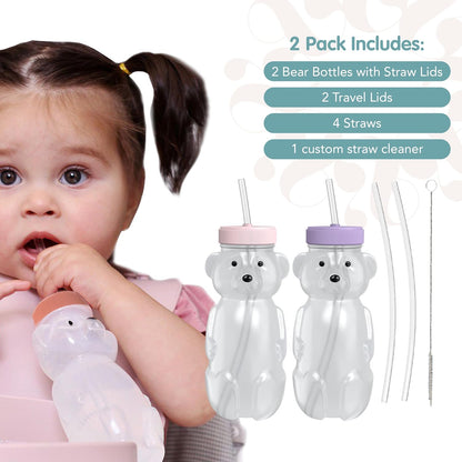 Honey Bear Straw Cup for Babies, Honey Bear Cups with Travel Lid, 2-Pack Therapy Learning HoneyBear