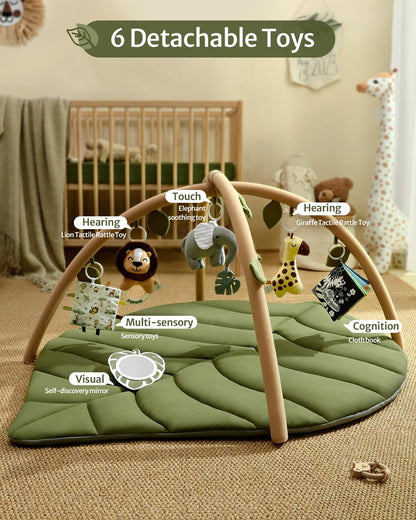 Blissful Diary Baby Play Gym & Activity Mat, Oversize Leaf Shaped Baby Play Mat w 6 Detachable