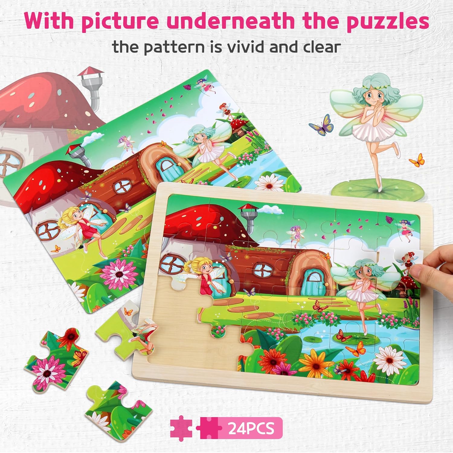 SYNARRY Large Unicorn Mermaid Princess Fairy Wooden Kids Puzzles 4 in 1 Gift Box(12.2 * 9.4 in)