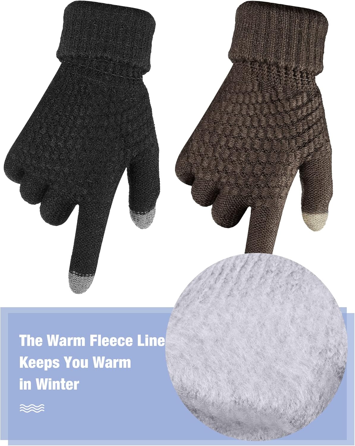Geyoga 2 Pairs Women's Winter Touch Screen Gloves Soft Warm Fleece Lined Knit Elastic Cuff Winter