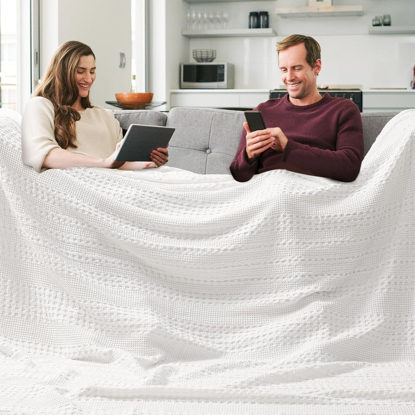 PHF 100% Cotton Waffle Blanket Oversized King 120"x120", Lightweight Breathable Extra Large 10'x10'