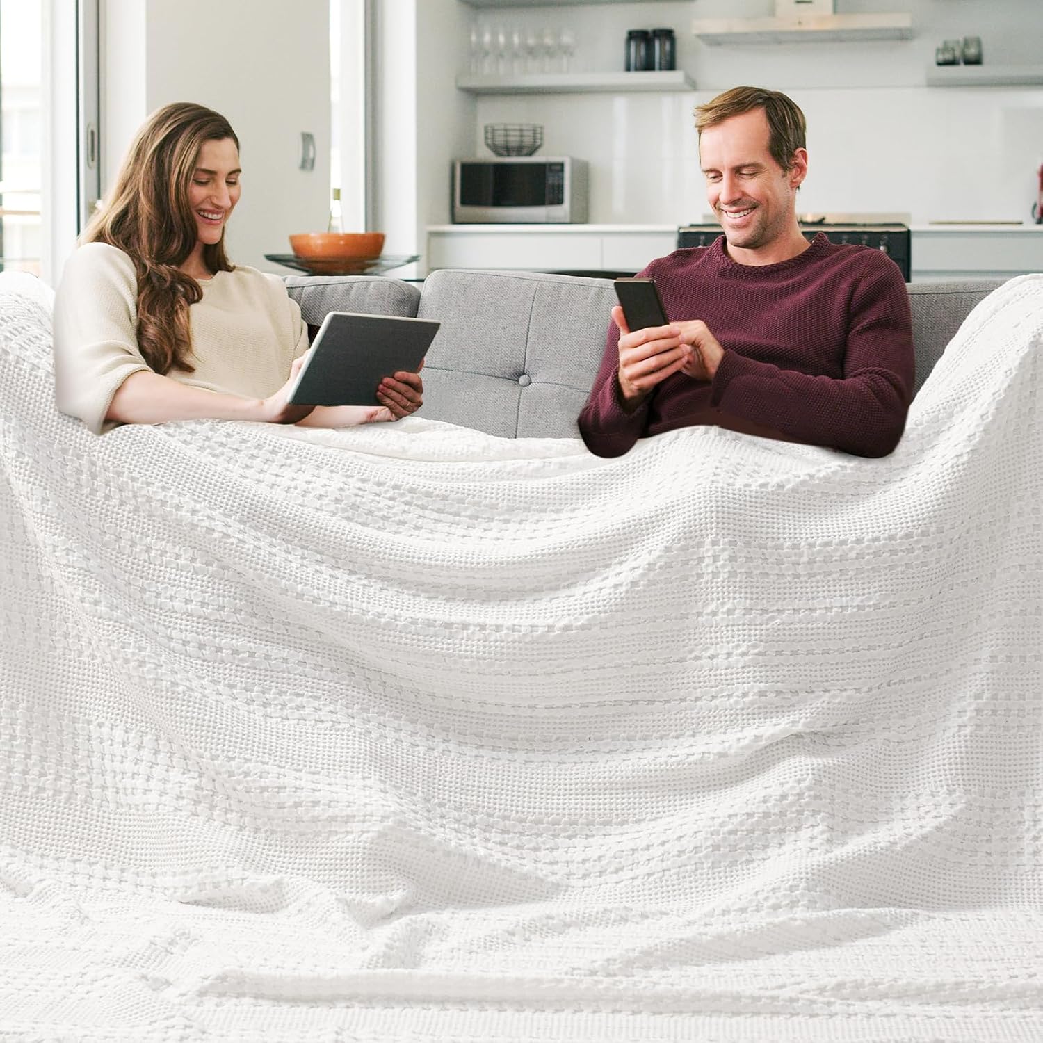 PHF 100% Cotton Waffle Blanket Oversized King 120"x120", Lightweight Breathable Extra Large 10'x10'