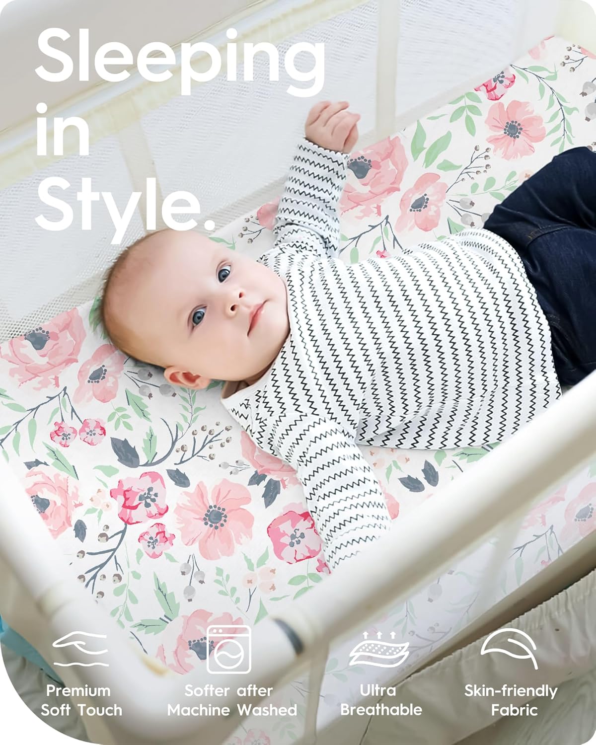 Pack N Play Sheets Girl, TotBasic Floral Mini Crib Sheets Fitted, Premium Jersey Knit Pack and Play