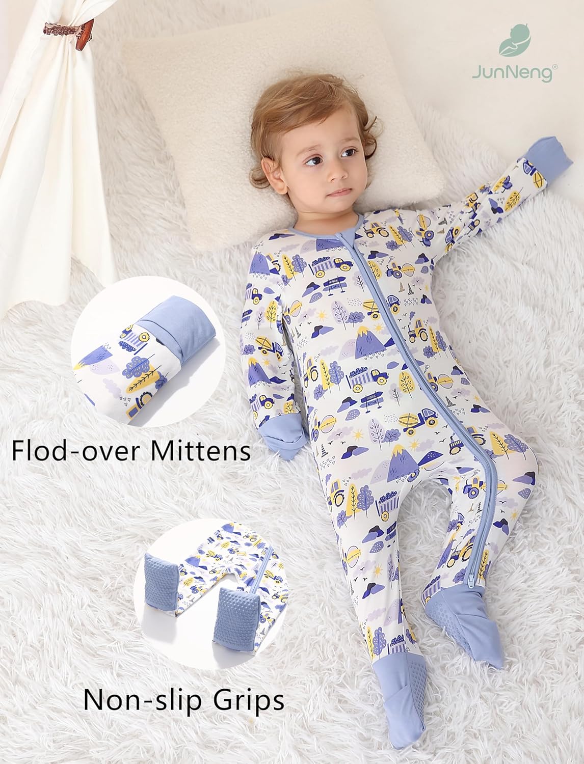 JunNeng 2Pcs Baby Rayon from Bamboo Sleeper with Mitten Cuffs, Footless Zipper Cozy Pjs, Non-Slip