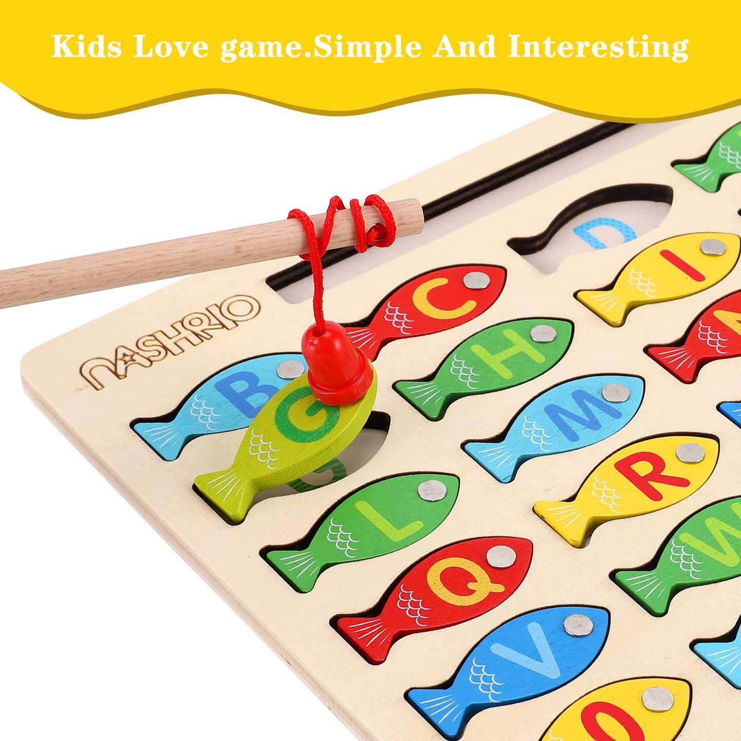Magnetic Wooden Fishing Game Toy for Preschoolers, Alphabet Fish Catching Counting Games Puzzle