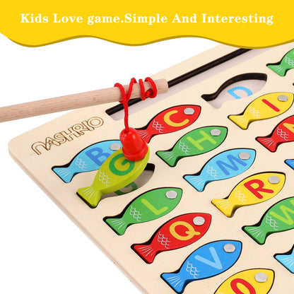 Magnetic Wooden Fishing Game Toy for Preschoolers, Alphabet Fish Catching Counting Games Puzzle