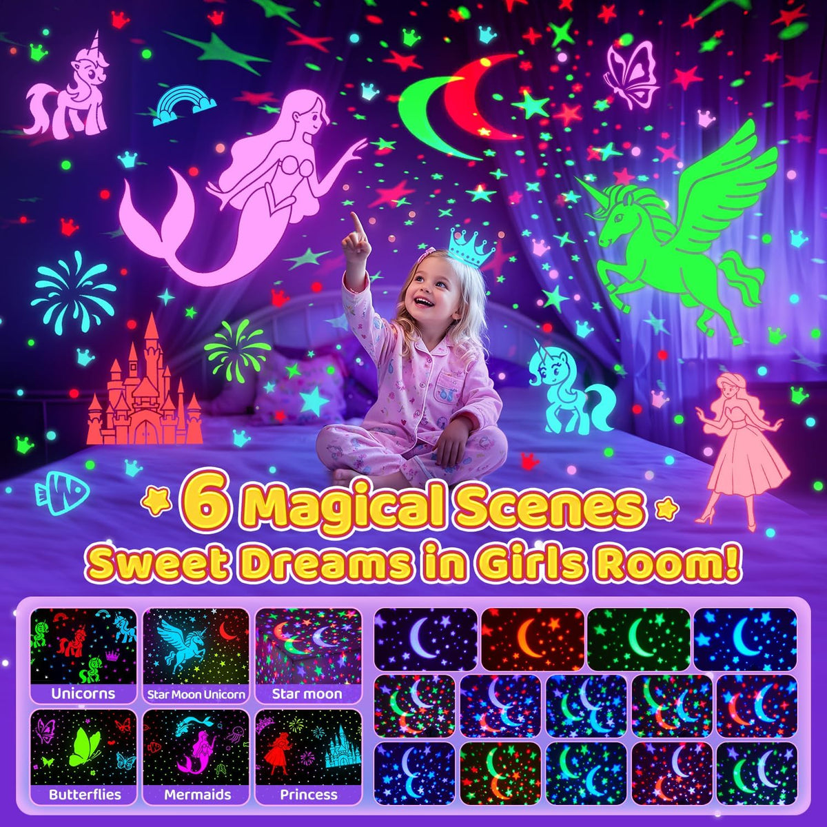 One Fire Unicorns Gifts for Girls Toys, 6 Films Unicorn Night Light Projector for