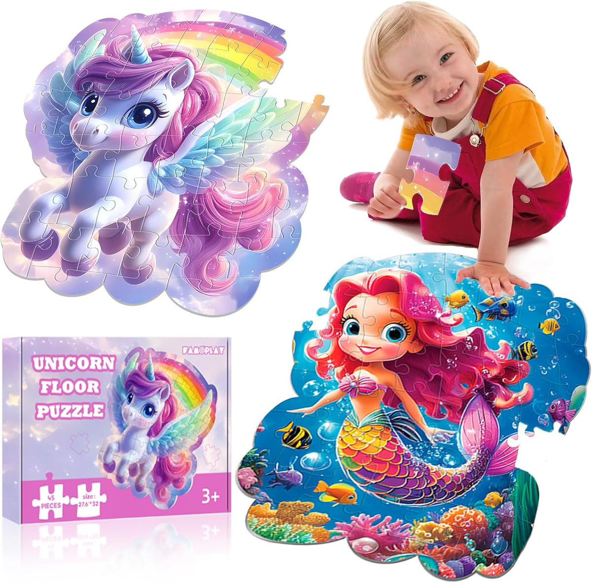 45pcs Unicorn & Mermaid Double-Sided Floor Puzzles, Ages 3-8, 27.6x32 In, Waterproof, EVA Material