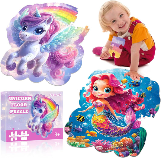 45pcs Unicorn & Mermaid Double-Sided Floor Puzzles, Ages 3-8, 27.6x32 In, Waterproof, EVA Material