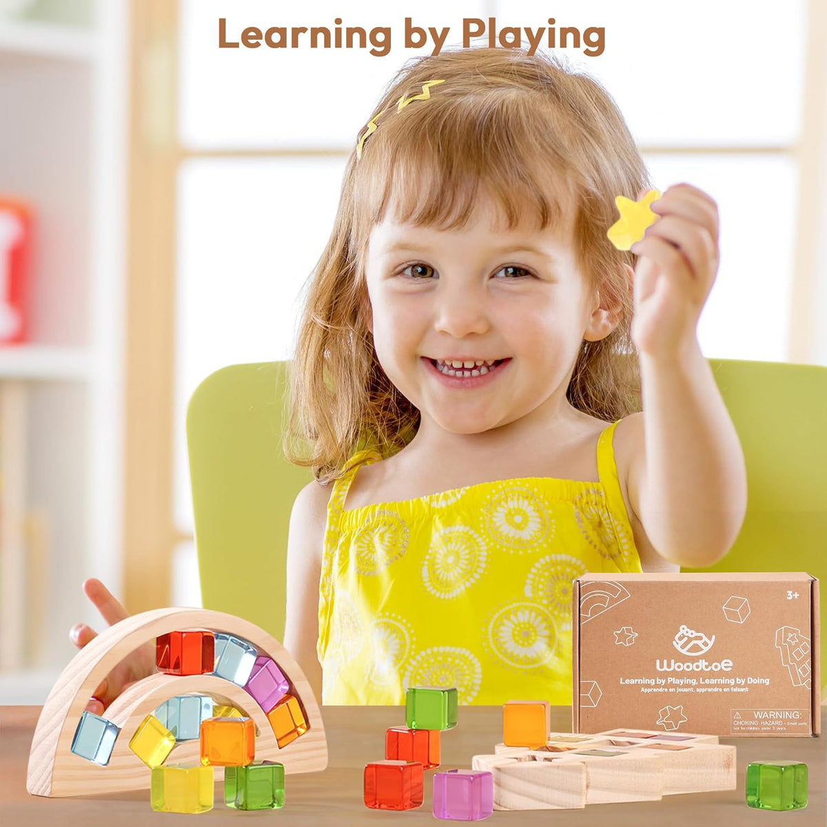 Wooden Building Blocks Set for Kids, Rainbow & Tree Shaped Wood Frame - 24 PCS Rainbow Gem Cubes
