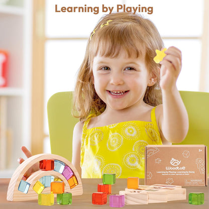 Wooden Building Blocks Set for Kids, Rainbow & Tree Shaped Wood Frame - 24 PCS Rainbow Gem Cubes