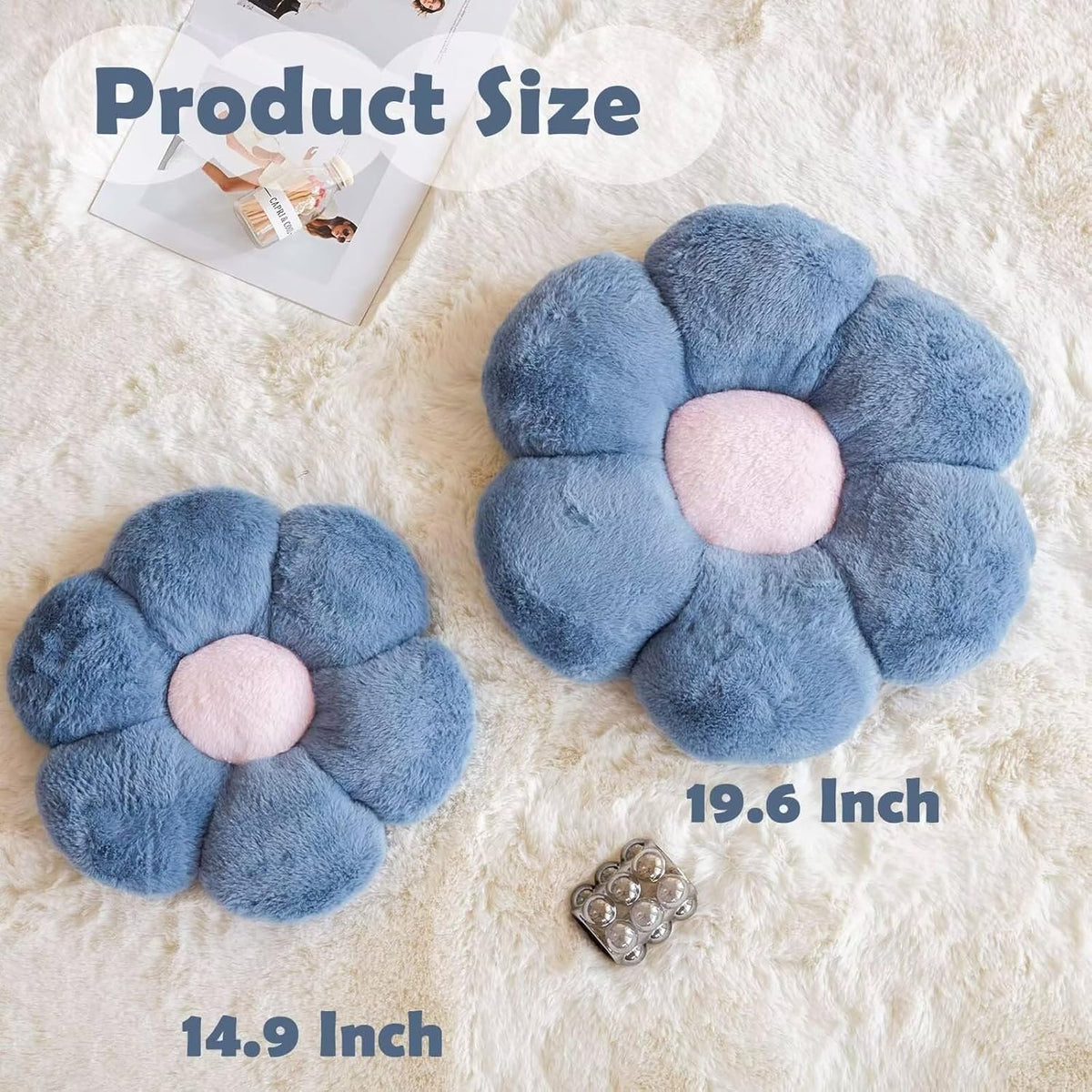 Dusty Blue Flower Shaped Throw Pillow with Faux Rabbit Fur, 14.9" Soft Plush Throw Pillow for