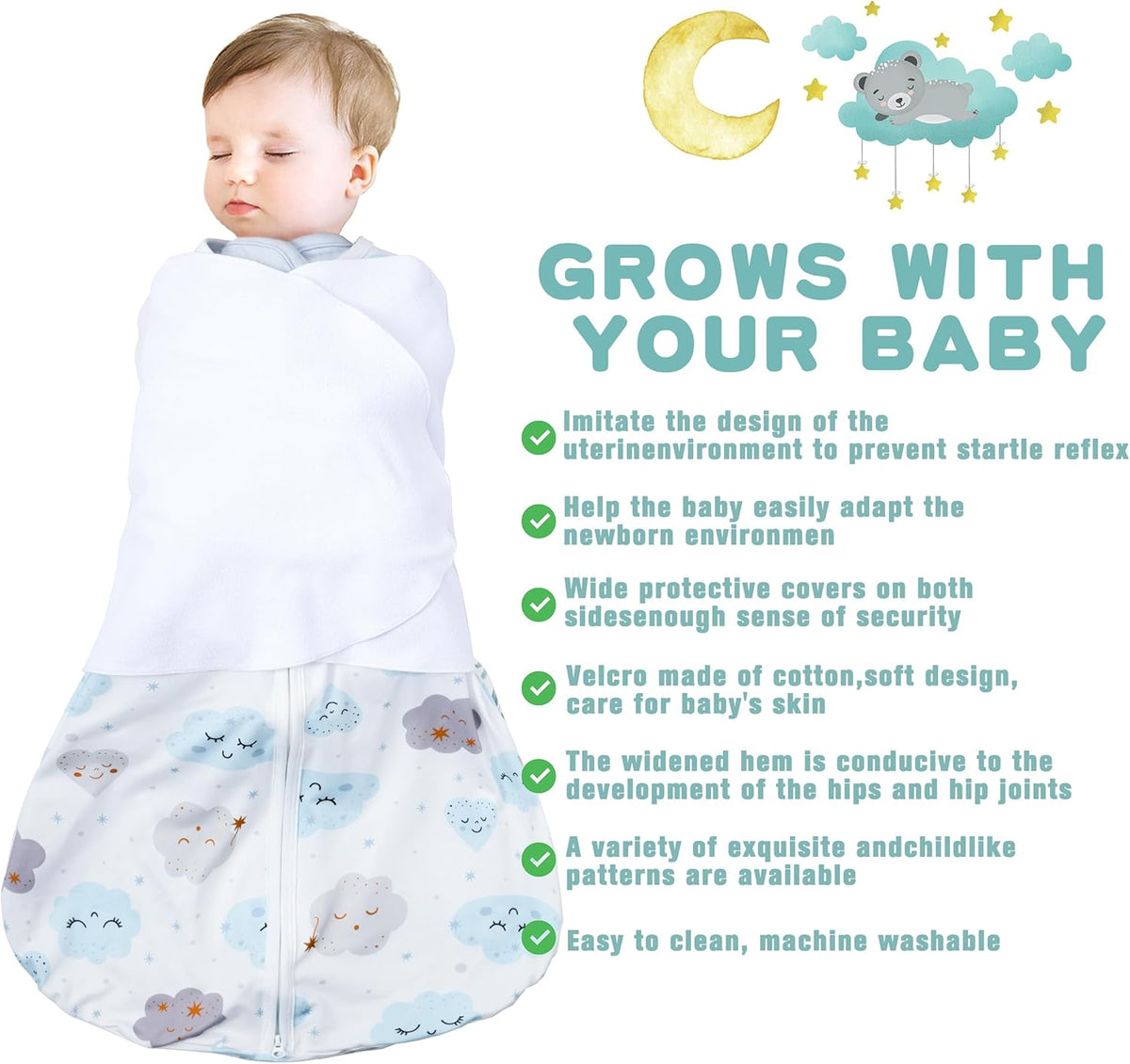 Newborn Sleep Sack Baby Swaddle,6-12 Months,3-Way Adjustable Wearable Blanket,100% Rayon Cotton