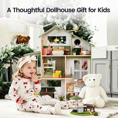 Tiny Land Wooden Doll House, Modern Family Dollhouse with Realistic Design
