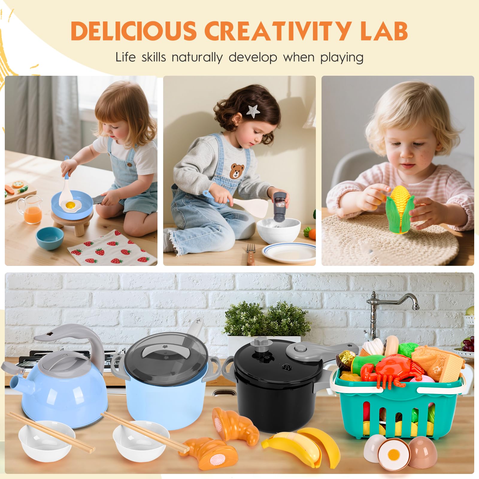130Pcs Kitchen Playset, Toddler Pretend Cooking Play Pots, Pans, Utensils Cookware, Daily Food