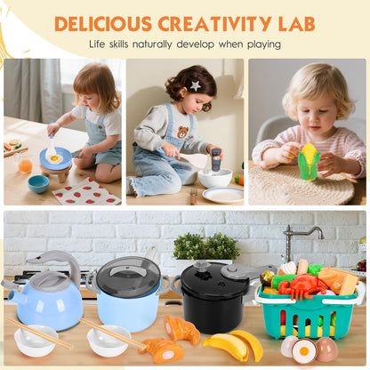130Pcs Kitchen Playset, Toddler Pretend Cooking Play Pots, Pans, Utensils Cookware, Daily Food
