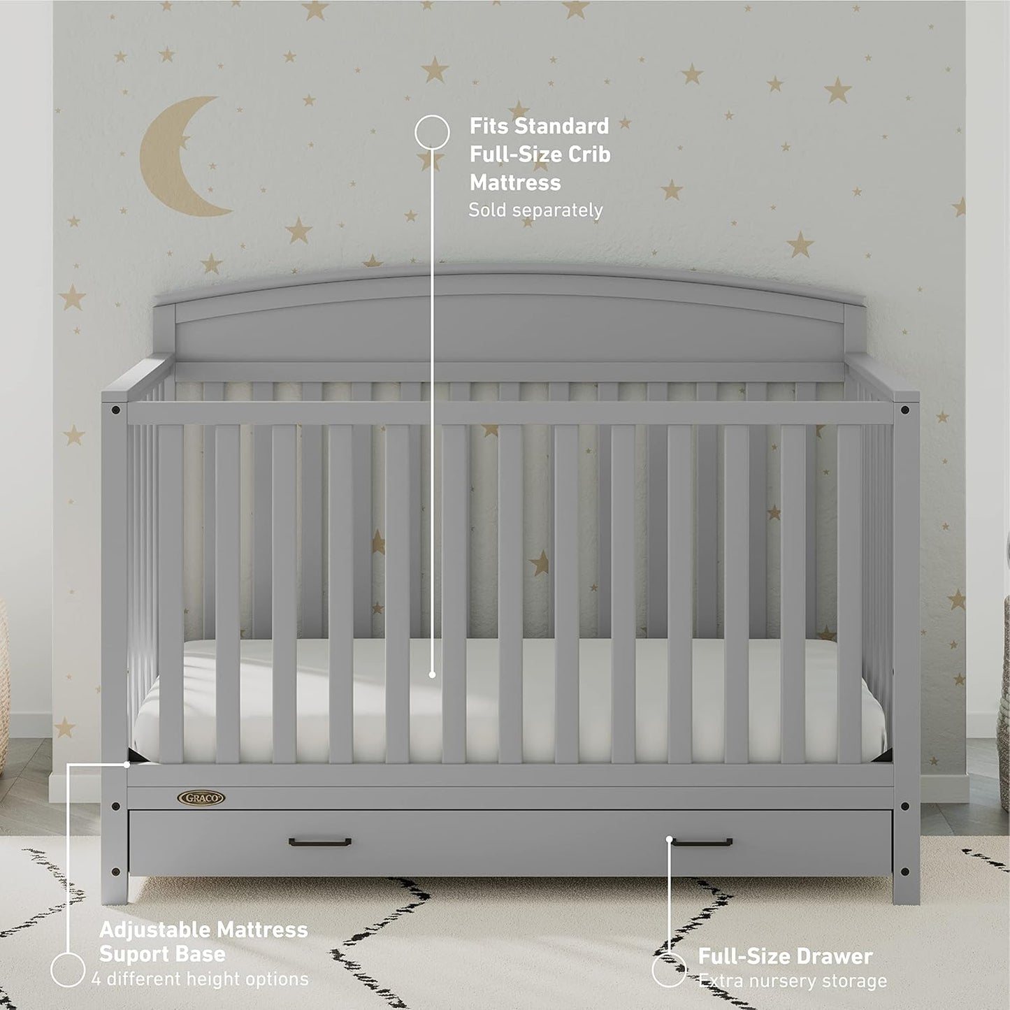 Graco Benton 5-in-1 Convertible Crib with Drawer (Pebble Gray) -Converts from Baby Crib to Toddler