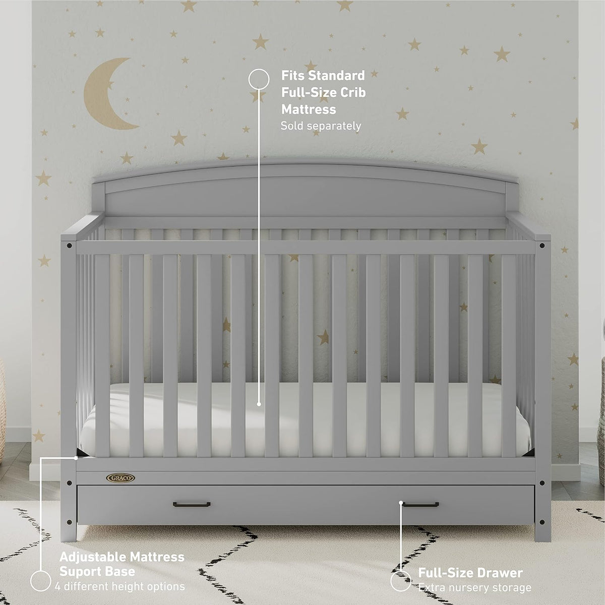 Graco Benton 5-in-1 Convertible Crib with Drawer (Pebble Gray) -Converts from Baby Crib to Toddler