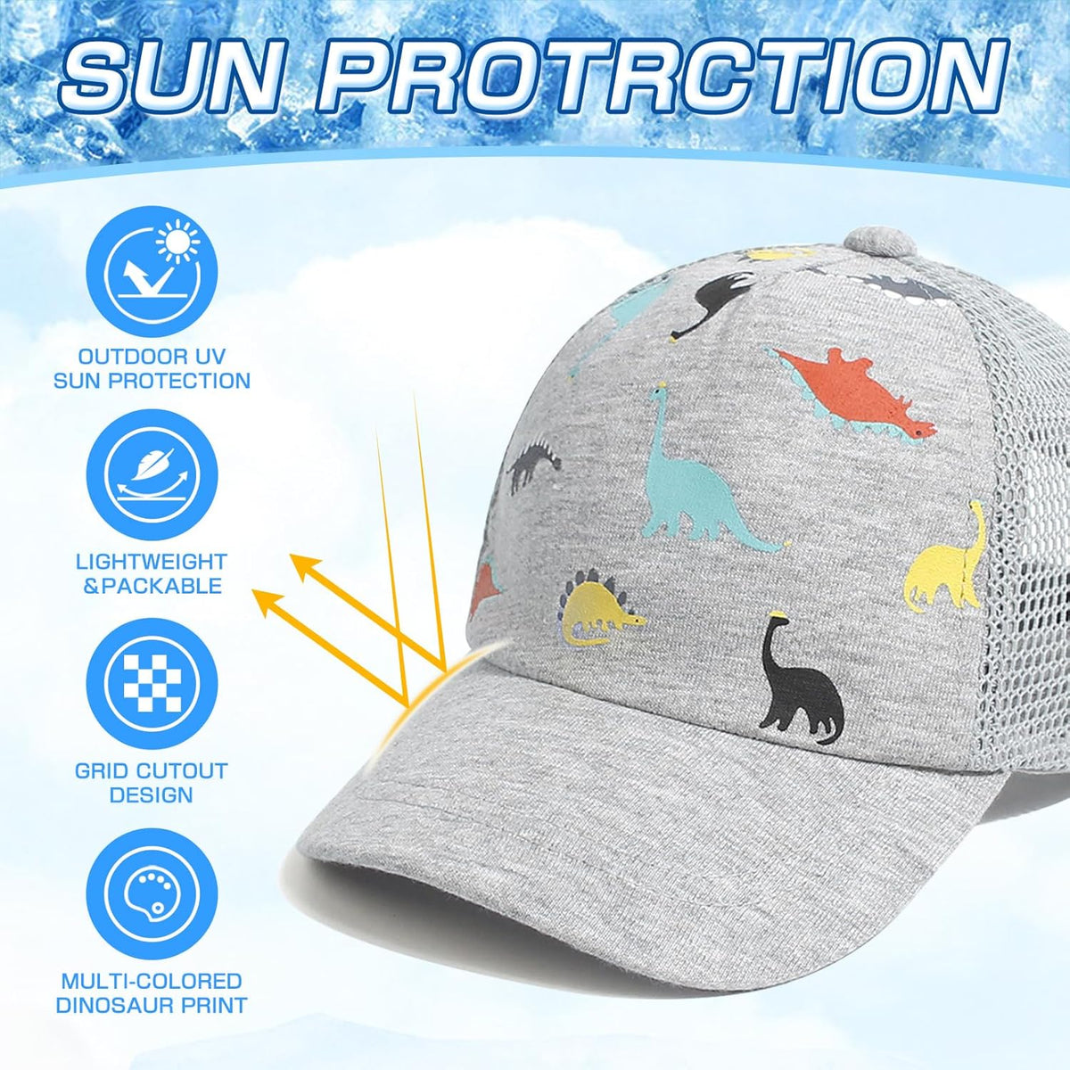Duoyeree Toddler Baseball Cap Baby Cap Sun hat Print Dinosaur Pattern and Solid Color hat Kids boy
