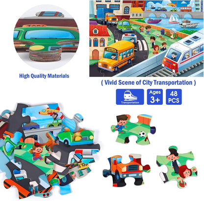 Jumbo Floor Puzzle for Kids,City Transportation Jigsaw Large Puzzles,48 Piece City Life Vehicle