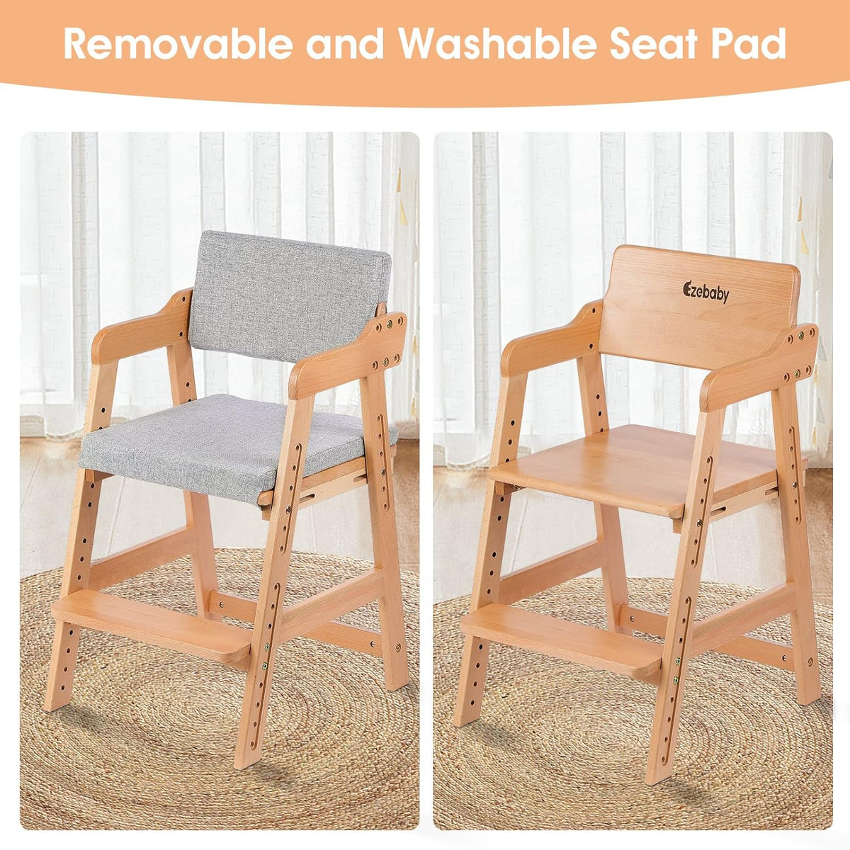 Ezebaby Wooden High Chair, Adjustable Highchair for Toddlers to Teens with Steps, Kids Dining