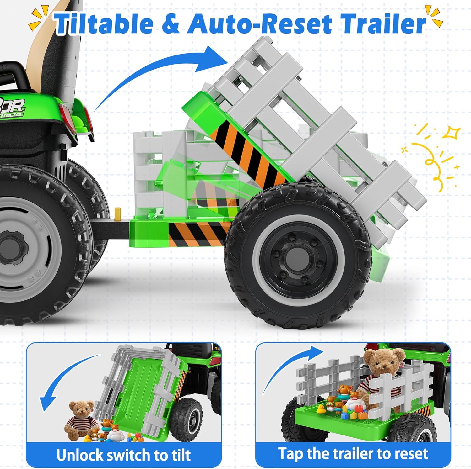 24V Ride On Tractor w/Tiltable & Detachable Trailer, 2x65W Motors, EVA Tires, Remote Control