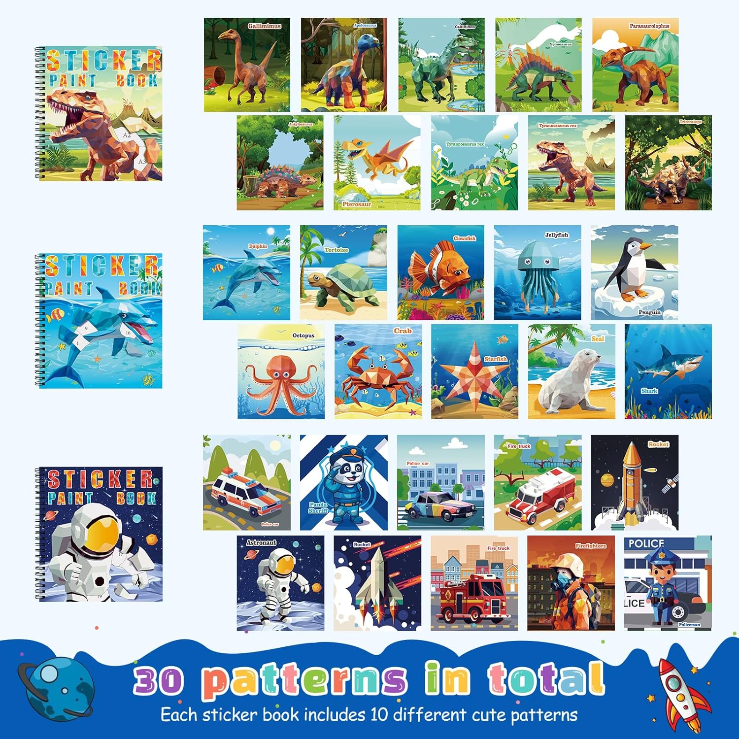 homicozy 3PCS Sticker Paint Books for Kids Ages 4-10,Dinosaur Astronaut Ocean Animals Designs Paint