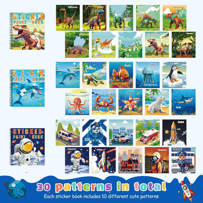 homicozy 3PCS Sticker Paint Books for Kids Ages 4-10,Dinosaur Astronaut Ocean Animals Designs Paint