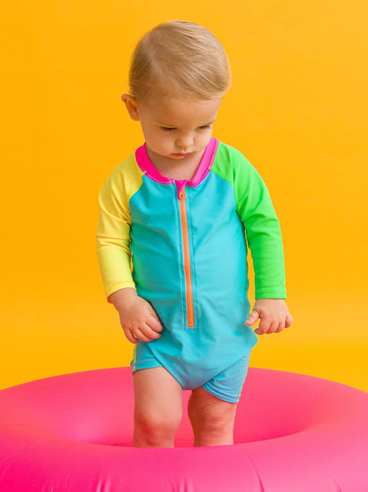 RUGGEDBUTTS Baby/Toddler Boy Swimsuit, One Piece Zipper Rash Guard Sunsuit with UPF 50+ Sun