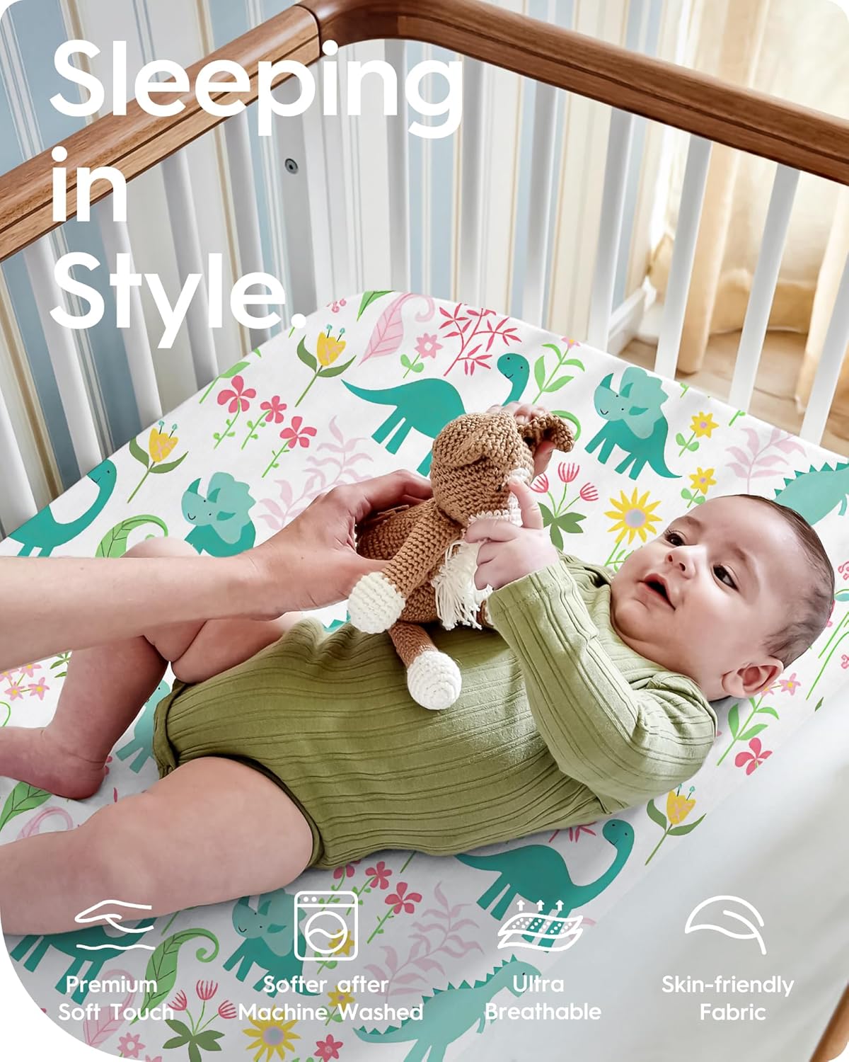 Dinosaur Pack N Play Sheets Fitted, Ultra Soft Mini Crib Sheets for Boy, Premium Jersey Knit Pack