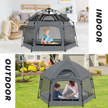 Pop Up Playpen for Babies with Canopy & Safety Lock - Outdoor Baby Playpen with 6 Ground Stakes & 6