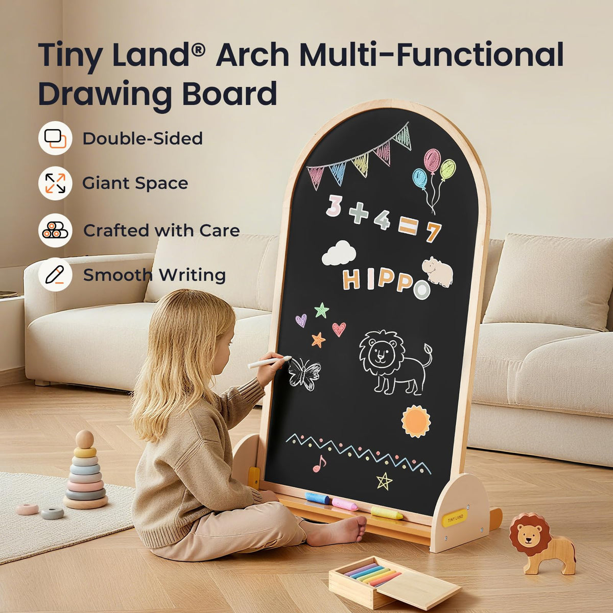 Tiny Land Kids Art Easel, Double-Sided Magnetic Chalkboard & Whiteboard
