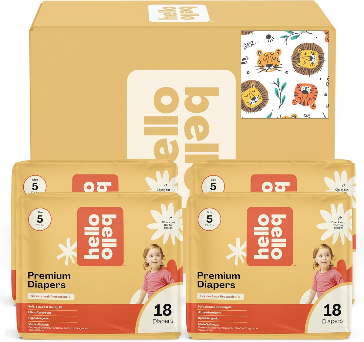 Hello Bello Diapers, Size 5 (27 lbs) Wild Cats, 72 Count Value Pack of Premium Disposable Baby