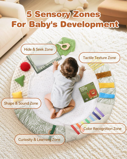 Wooden Baby Play Gym & Tummy Time Playmat – Montessori Sensory Activity Mat with 6 Developmental