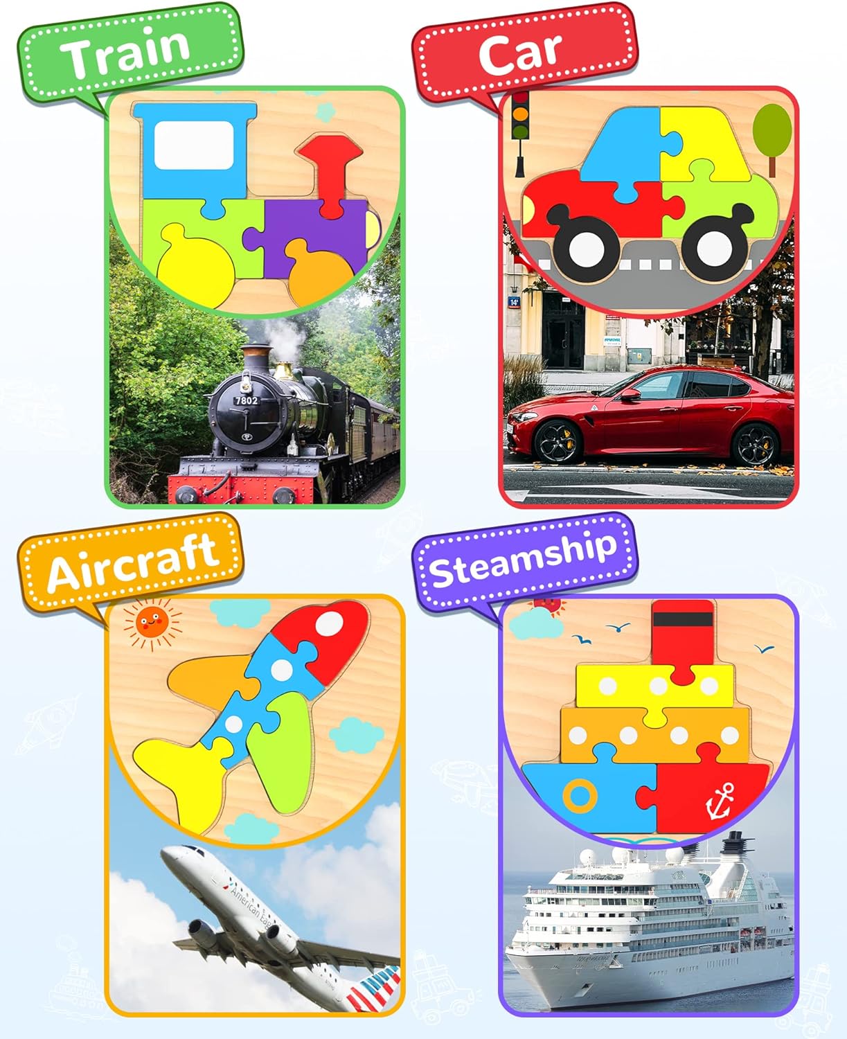 Yetonamr Wooden Toddler Puzzles Gifts Toys for 1 2 3 Years Old Boys Girls, 4 Vehicle Shape