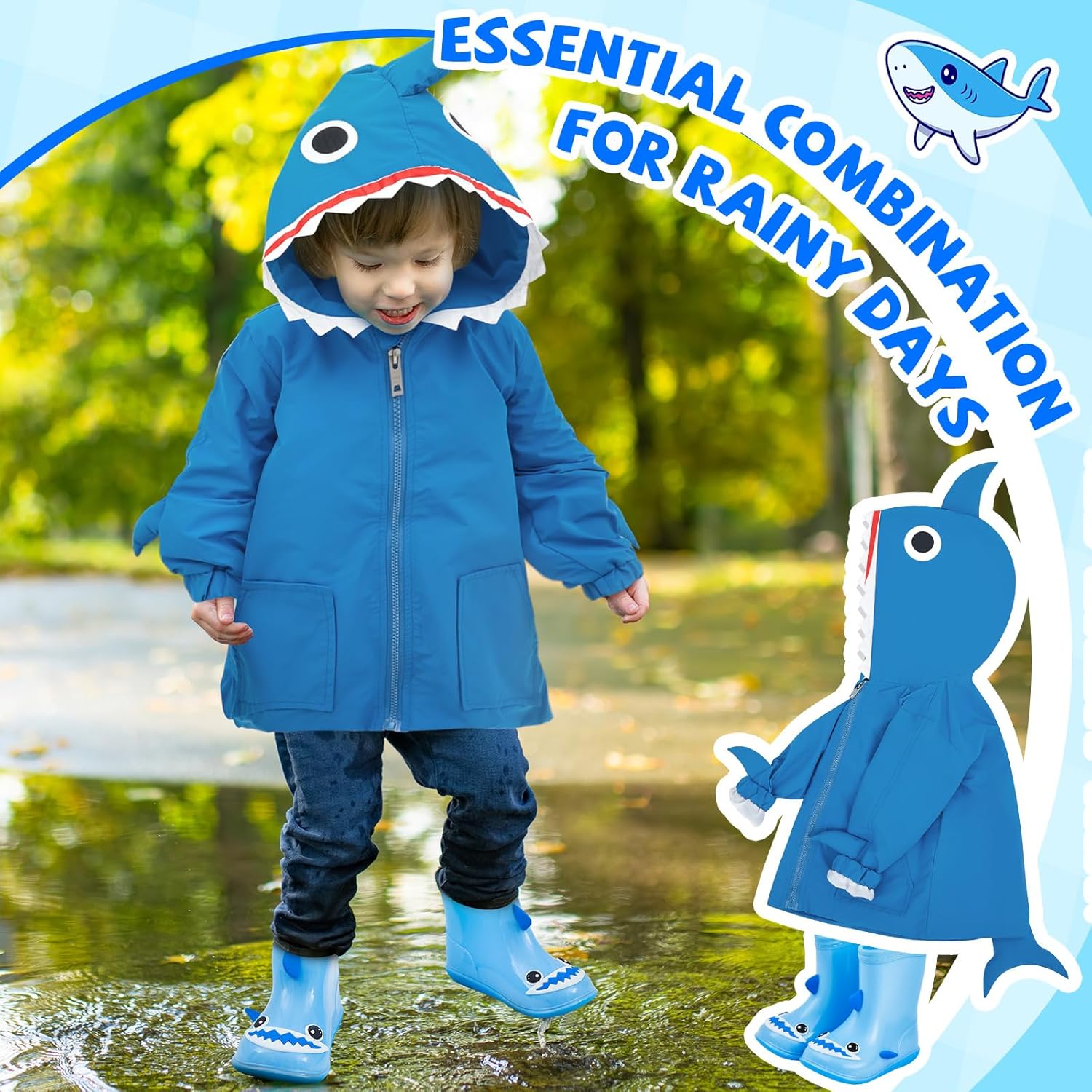 2 Pcs Toddler Raincoat Rain Boots Set Kids Baby Cartoon Hoodie Zipper Jacket Short Rain Shoes for