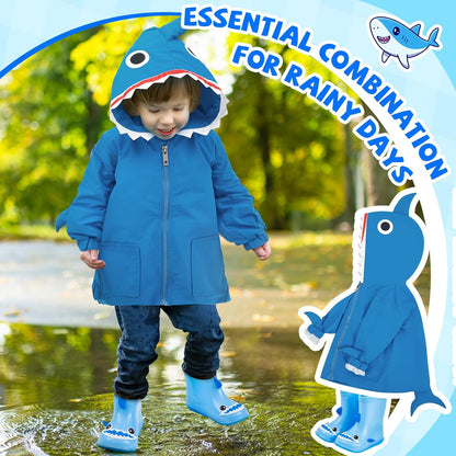 2 Pcs Toddler Raincoat Rain Boots Set Kids Baby Cartoon Hoodie Zipper Jacket Short Rain Shoes for