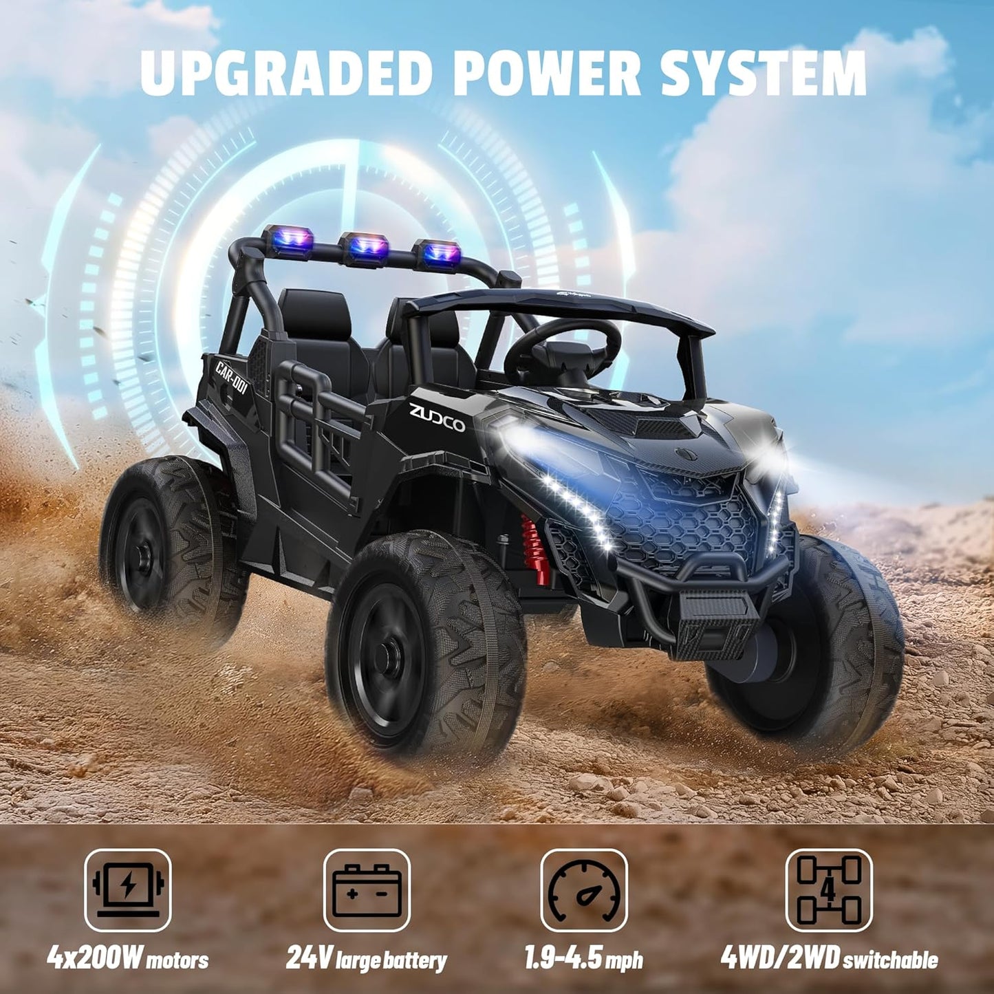 24V 2 Seater Ride on Car Truck, 4x200W, EVA Tires, 4WD/2WD, Rainbow Lights, Remote Control, Shock