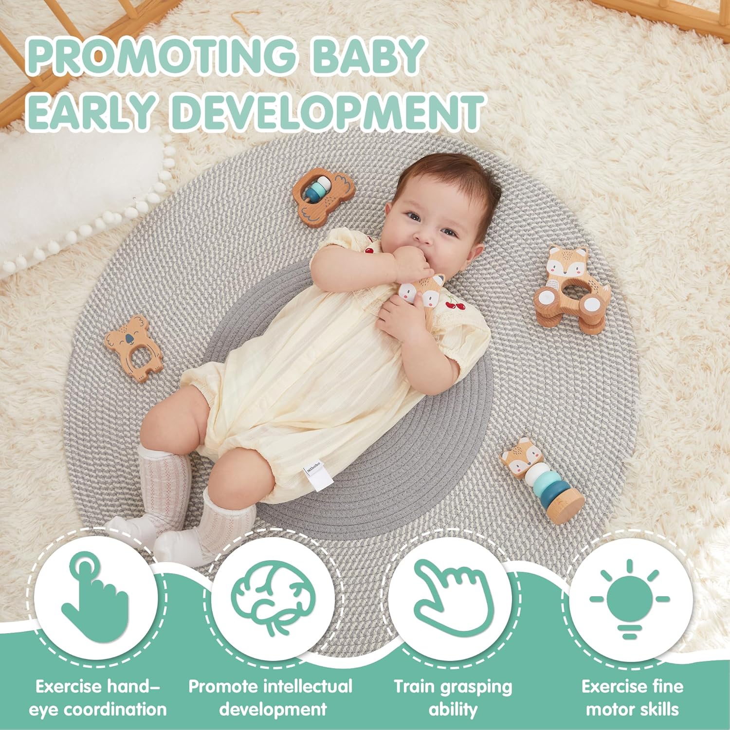 Freniland Wooden Montessori Toys, 5-Piece Wooden Baby Toy, Koala Baby Rattle, Fox Stacking Ring