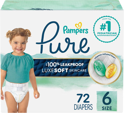 Pampers Baby Diapers - Pure Protection - Size 6, 72 Count, for up to 100% Leakproof, Premium