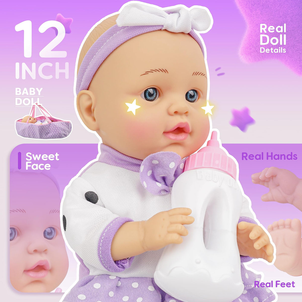 SMILESSKIDDO Baby Doll with Carrier Bassinet Bed 12" Dolls Playset Toddler