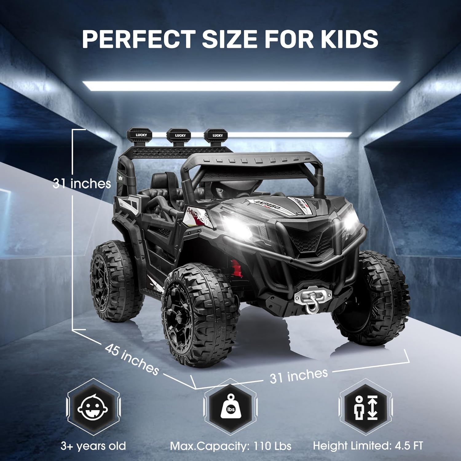 ANPABO 24V 4X4 Ride on Car Truck w/Remote Control, 4WD/2WD Switchable Kids UTV, 19" Spacious Seat
