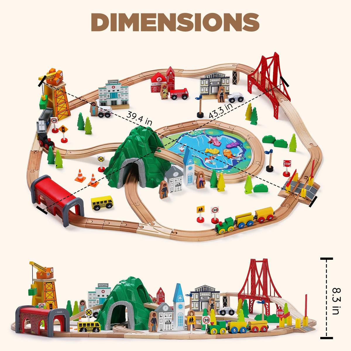 SainSmart Jr. 112-Piece Wooden Train Set for Toddler – Double-Sided Train Tracks, Compatible with