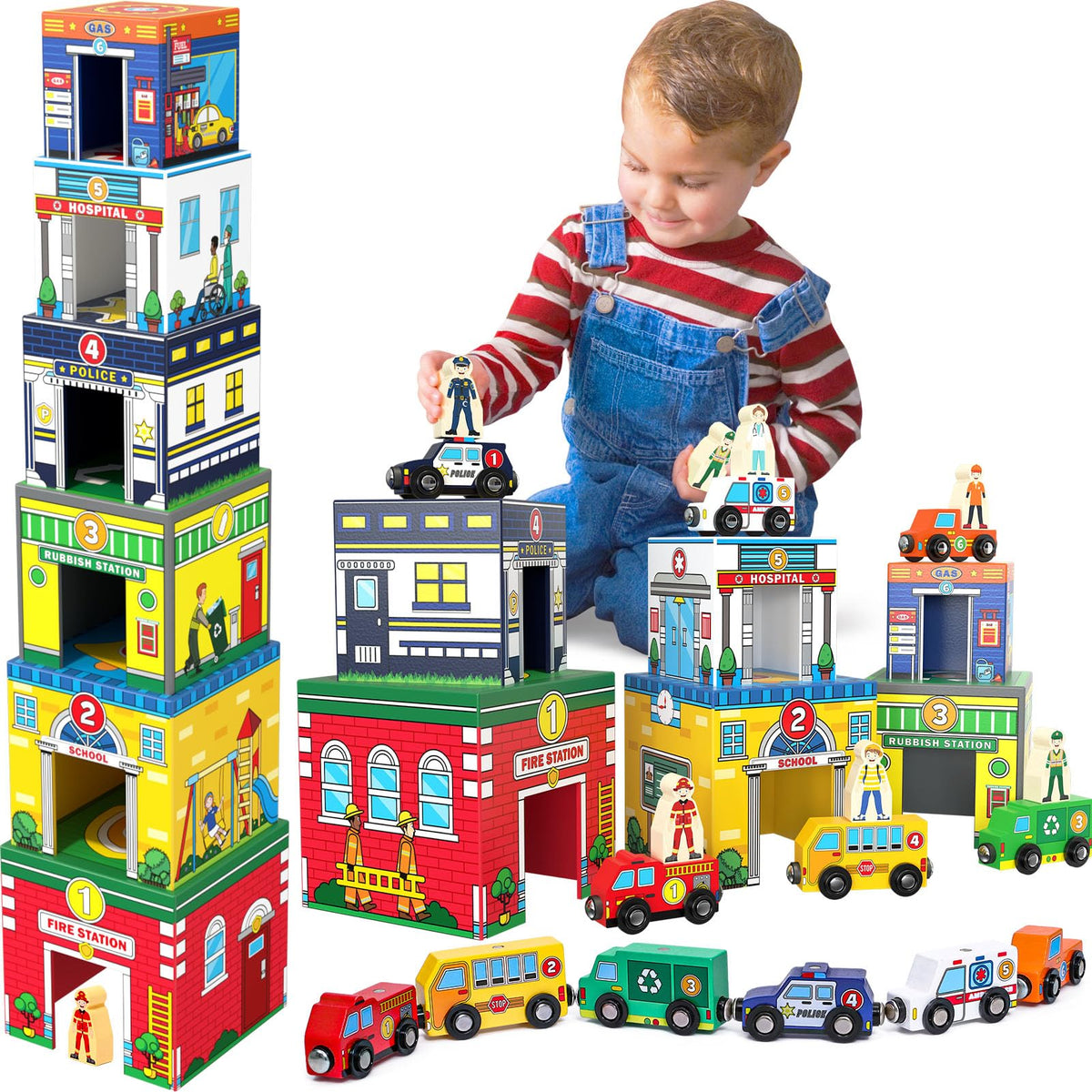Atoylink Toddler Sorting and Stacking Toys with Magnetic Wooden Cars & Community Helpers, Baby